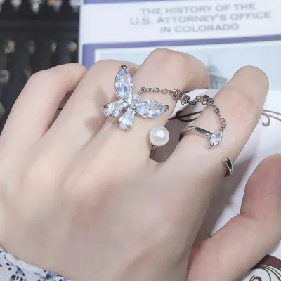 Unique Pearl Design Adjustable Silver Butterfly Ring Set